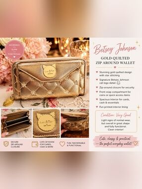 Betsey Johnson Gold Quilted Zip Around Wallet ✨🐱